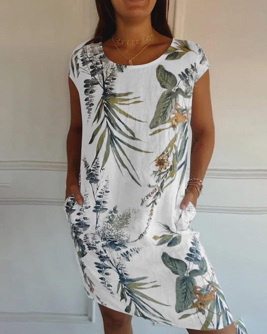 Leichtes Baumwoll-Leinen-Kleid mit V-Ausschnitt und Taschen | Ideal für den Sommer