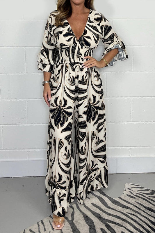 Damen Jumpsuit mit Print – Tiefer V-Ausschnitt, Ärmellos, Weites Bein, Elegante Abendmode – Ideal für Frühling & Sommer
