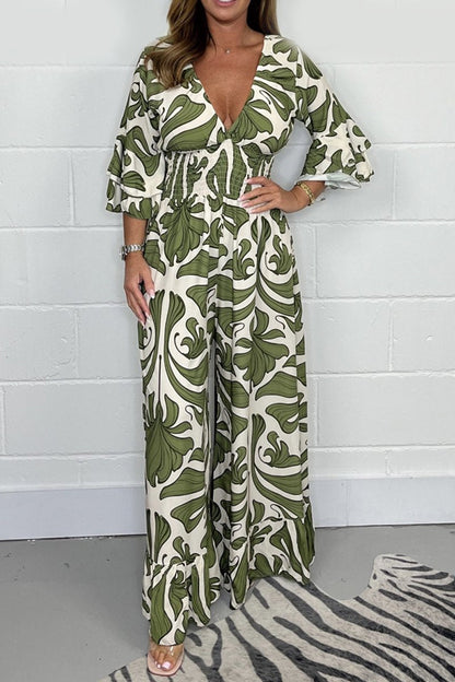 Damen Jumpsuit mit Print – Tiefer V-Ausschnitt, Ärmellos, Weites Bein, Elegante Abendmode – Ideal für Frühling & Sommer