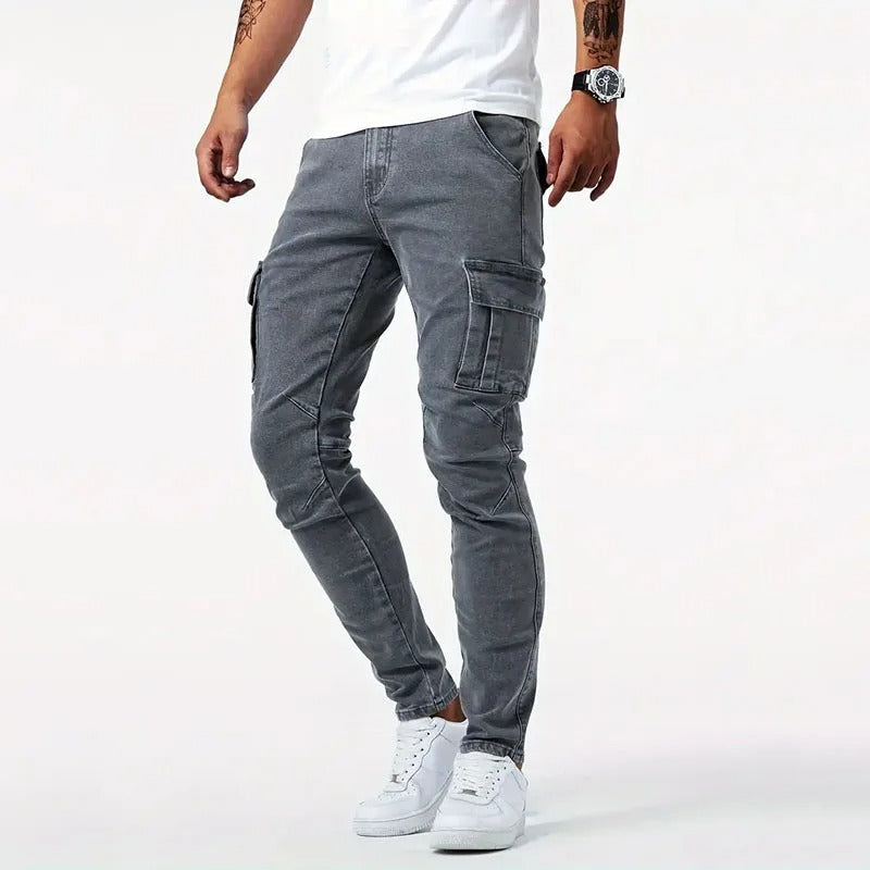 Herren-Cargohose aus Stretch-Denim mit Mehrtaschen-Design