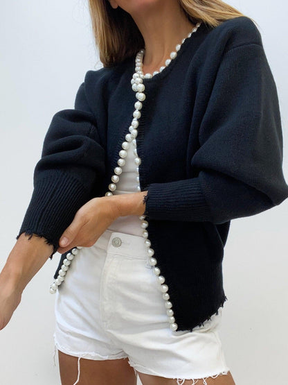 Damen Strickcardigan mit Rissen und Perlen – Warmer Langarm Pullover für Herbst/Winter