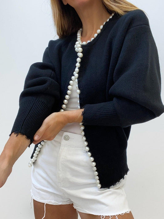 Damen Strickcardigan mit Rissen und Perlen – Warmer Langarm Pullover für Herbst/Winter