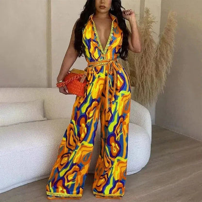 Eleganter farbenfroher Jumpsuit mit Gürtel und Kragen I ideal für Frühling/Sommer