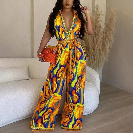 Eleganter farbenfroher Jumpsuit mit Gürtel und Kragen I ideal für Frühling/Sommer