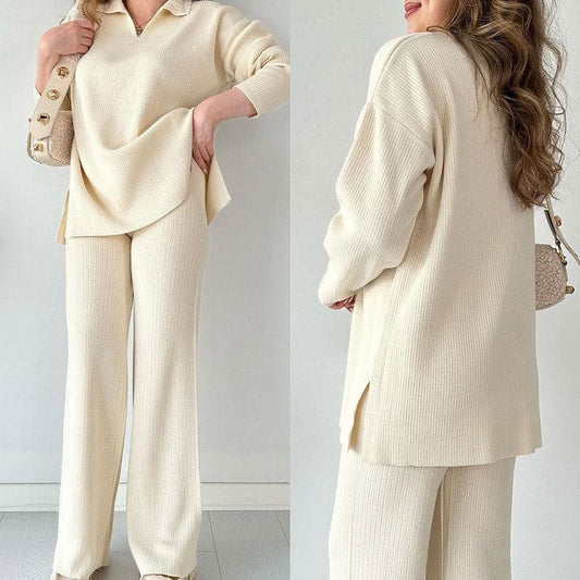 Beige Damen-Strickset mit Pullover und Hose, lässig und elegant. Perfekt für Herbstmode, bequem und stilvoll. Ideal für Freizeit und Büro.
