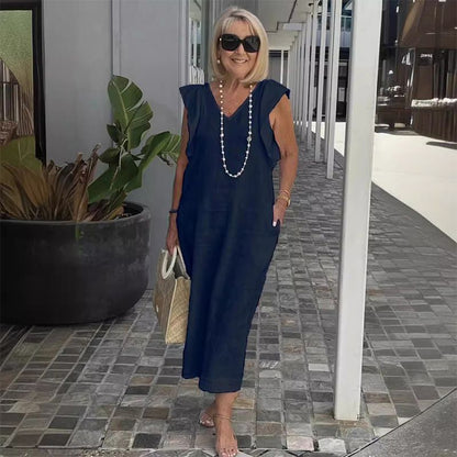 Ärmelloses Kleid mit V-Ausschnitt aus Baumwolle und Leinen - ideal für die Sommersaison