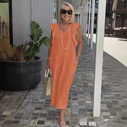 Ärmelloses Kleid mit V-Ausschnitt aus Baumwolle und Leinen - ideal für die Sommersaison