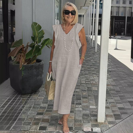Ärmelloses Kleid mit V-Ausschnitt aus Baumwolle und Leinen - ideal für die Sommersaison