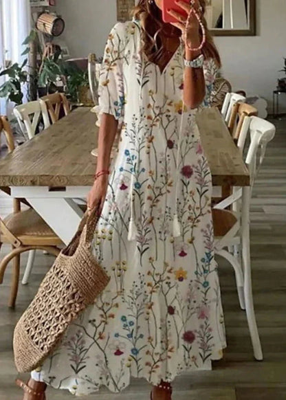 Langes Kleid mit Blumenmuster und Kordelzug-Taille | Ideal für den Sommer