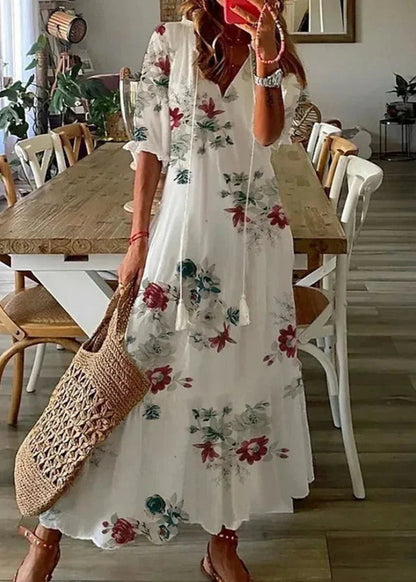 Langes Kleid mit Blumenmuster und Kordelzug-Taille | Ideal für den Sommer
