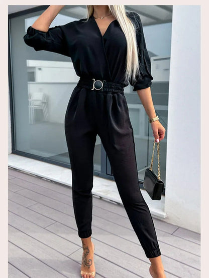 Longsleeve-Overall mit elastischer Taille und V-Ausschnitt | Ideal für Frühling und Herbst