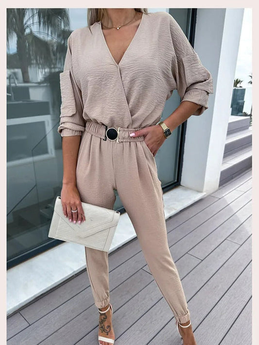 Longsleeve-Overall mit elastischer Taille und V-Ausschnitt | Ideal für Frühling und Herbst